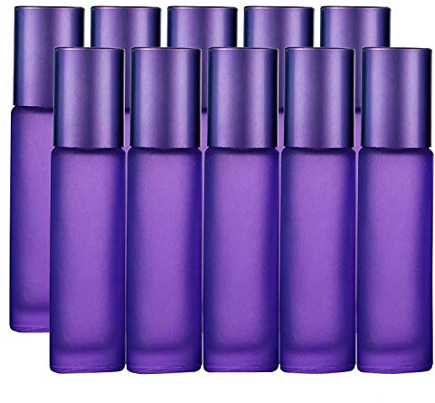 JamHooDirect 10Pcs, 10ml Essential Oils Roller Bottles, Empty Refillable Colorful Frosted Glass Roll on Bottles with 1 Opener & 1 Dropper, Perfect for Aromatherapy, Fragrance, Perfume (Purple Color)