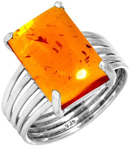 Jeweloporium Anello in argento ambra arancione, misura 12, anello in argento sterling 925 per donna, gioielli boho con pietra ottagonale