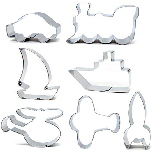 Transport Cookie Cutter Set, 7pcs Train, Car, Airplane, Rocket, Boat, Sandwich Cutter - Stainless Steel