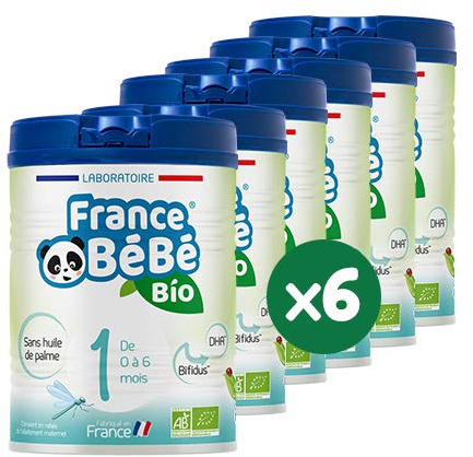 FRANCE BéBé BIO - Lait infantile pour bébé 1er âge en poudre 0 à 6 mois - Lait fabriqué en France - BIFIDUS - SANS HUILE DE PALME - Pack 6 boîtes de 800g