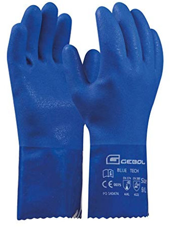 Gebol Blue Tech - 1 paire de gants longs en caoutchouc PVC avec tricot de coton - Gants de nettoyage résistants aux produits chimiques contre l'acide et l'huile - Gants de ménage imperméables - XL