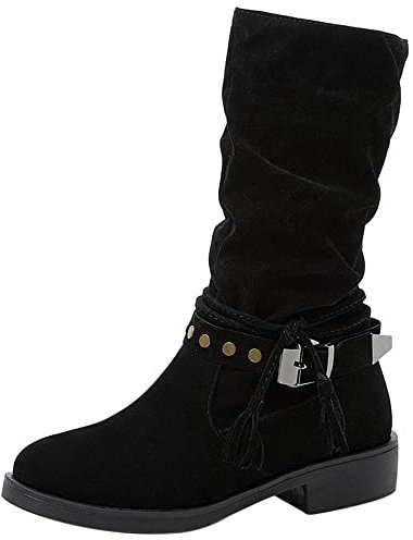 Lroey Reoly Bottines à Talon Bloc Femme, Bottes Slouch Talons Moyen Bout Rond Bottines Zip 009 Noir Taille 43 EU