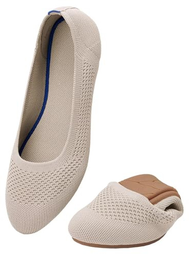 Puxowe Women's Beige Slip On Shoes, Elegant Knit Ballet Flats for Wedding Guest, Dressy Casual Loafers with Arch Support Insole, Beige, Size 9 US