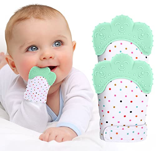 Vicloon Moufle de Dentition en Silicone Alimentaire,Jouet de Dentition pour Bébé sans BPA Aide à Prévenir Douleur de Dents et de Gencives de Bébé,pour Garçons et Filles (Verts Pois)