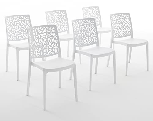 Sedie in polipropilene con fibra di vetro impilabili per interno, cucina o sala da pranzo, per esterno e giardino, sedie da bar e ristorante, design moderno - Anna (6 Sedie, Bianche)