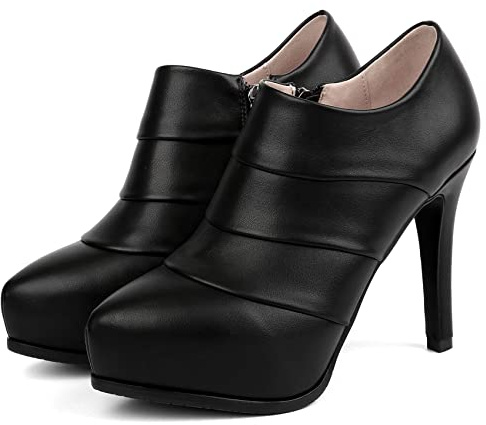 SHEMEE Womens Stiletto High Heels Ankle Booties Heeled Platform Pumps Thin Heel Round Toe Zipper Short Boots (Black-pu,US 7)