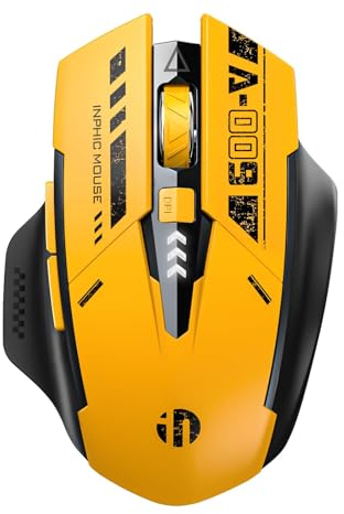 inphic Bluetooth-Maus, wiederaufladbare Maus kabellos Multi-Device (Tri-Mode: BT 5.0/4.0+2.4G), 800-2400 DPI Tragbare Funkmaus mit Betriebsanzeige für Laptop, PC Computer, Mac OS, Mecha Gelb