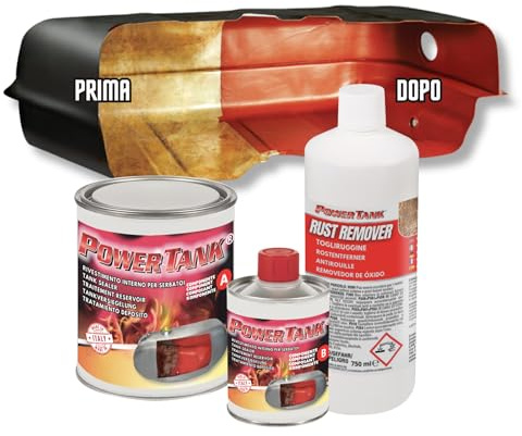 POWER TANK - Trattamento Serbatoio Auto per 50/55 Litri Kit Grande Big 1,3 kg Interno Serbatoi gasolio Benzina Elimina la Ruggine Ripara Protegge Arrugginito da Moto di Auto d'Epoca con Antiruggine