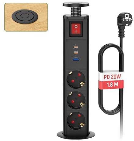 3-vägs infällbart uttag USB C PD20W med strömbrytare, inbyggt uttag sänkbart med strömbrytare, bordsuttag sänkbar för bänkskiva kontor kök verkstad, 1,8 m kabel, svart
