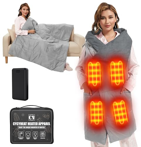 20000mAh Heated Blanket Battery Operated - 7.4V DC Portable Wireless Cordless USB Heating Blanket for Outdoors (Grey+DC 20000mAh Battery, Wearable Blanket-52x43 inches)