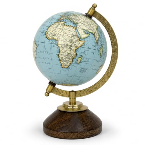 EXERZ 13cm Mini Antique Globe, Light Blue World Map with Wooden Base
