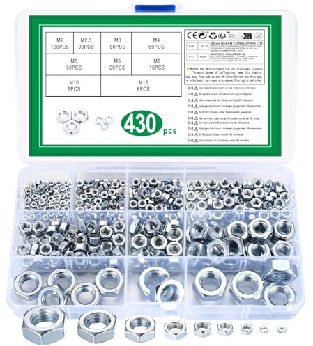 430 STK Sechskantmuttern, Sicherungsmuttern, Sechskant Muttern, Sechskantmutter Set, Selbstsichernde Stopmuttern für Schrauben Unterlegscheiben Gewindestangen, M2 M2.5 M3 M4 M5 M6 M8 M10 M12 Muttern