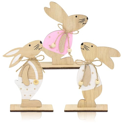 Herbst 3 unidades de decoración de Pascua, conejo, Pascua, decoración de madera, bonito expositor de madera para Pascua, conejos de Pascua, figuras para colocar en exteriores, decoración de mesa de