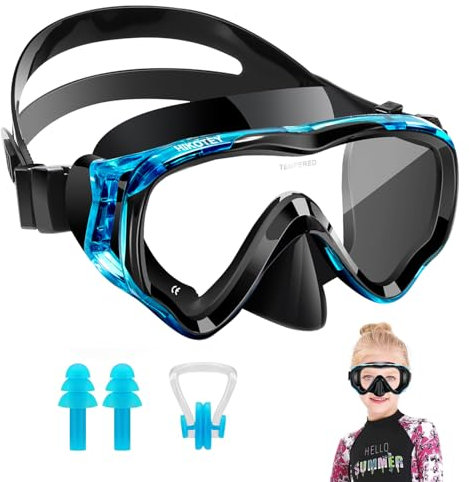 HIKOTEY Taucherbrille Kinder 4-16 Jahre, Schwimmbrille Kinder mit Nasenabdeckung 180°Panorama HD Silikonband, Schnorchelset für Mädchen Jungen Kinder (Blau)