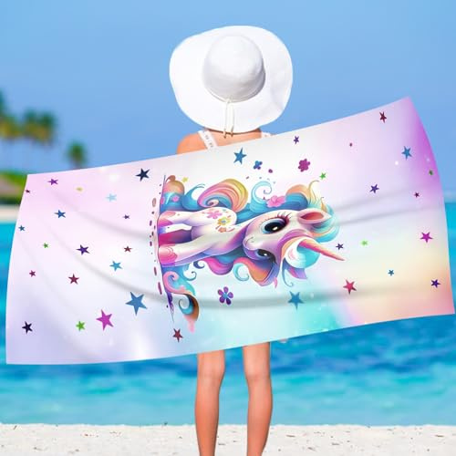 TZQFROCE Einhorn Kinder Strandhandtuch 75 x 150 cm Mikrofaser Badetuch für Strand, Pool, Sport und Picknick