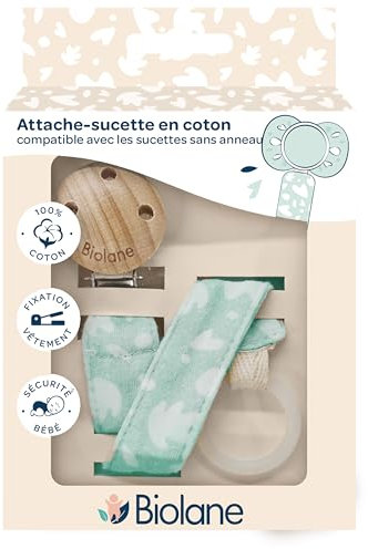 BIOLANE - Attache tétine bébé - Pour tétine anatomique - Tissu 100% coton - Vert Menthe - Fixation Silicone - Clip en bois et métal - Double Sécurité & Anti-glisse