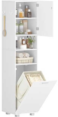 Hzuaneri Meuble de Salle de Bain avec Panier à Linge Amovible, Armoire Haute étroite, Placard de Rangement Haut avec Panier à Linge, Étagères Réglables, 40 x 40 x 170 cm, Blanc BC72003X