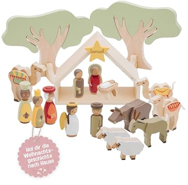 wunderwunsch Weihnachtskrippe Kinder personalisiert, Krippe Weihnachten, Krippenfiguren, Weihnachtsdeko Kind, Weihnachtskrippen Holz, Jungen und Mädchen