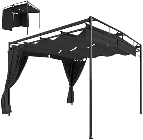 Outsunny - Pergola de jardín (3 x 3 m, metal resistente, con techo retráctil y cortinas, – Cenador de terraza con sistema de polea, 9 m², cobertizo exterior estable para salón de jardín, gris