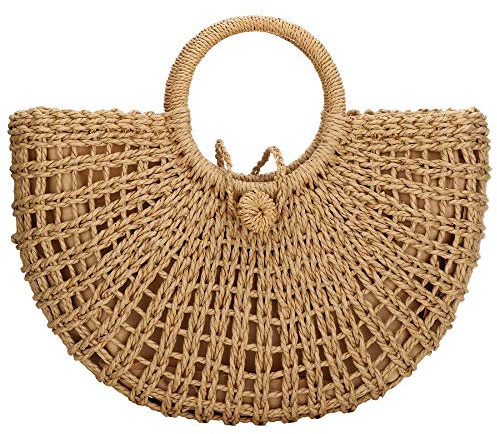 Straw Bags for Women,Hand-woven Straw Top-handle Bag with Round Ring Handle Summer Beach Rattan Tote Handbag (Khaki)