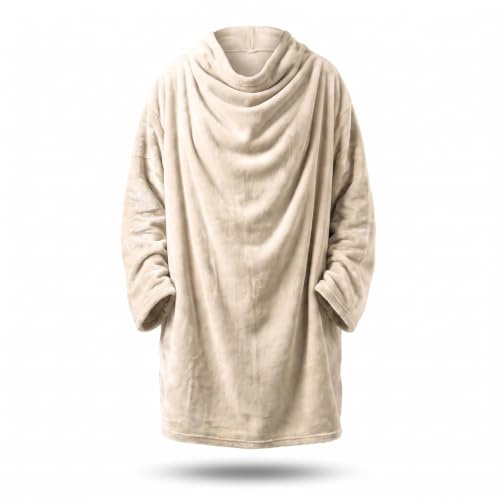 INTRECCI Morbida Coperta Tv Con Maniche, Plaid Coperta Indossabile Con Maniche In Microfibra Tinta Unita (Crema)