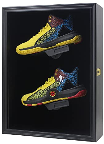 Memorabilia Sports Shoes Display Frame Case Lockable Wall Mount Wooden Cleat Sneaker Cabinet Storage Shelves Box for Football Basketball Sports Shoes Display with Anti-Fade UV Protection Acrylic Door