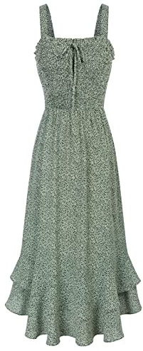 Sommerkleid Damen Leicht A-Linie Blumen Kleid Ärmellos Maxikleid Spaghettiträger Kleid Strandwear Holidy Kleid L Grün-Weiße Blume