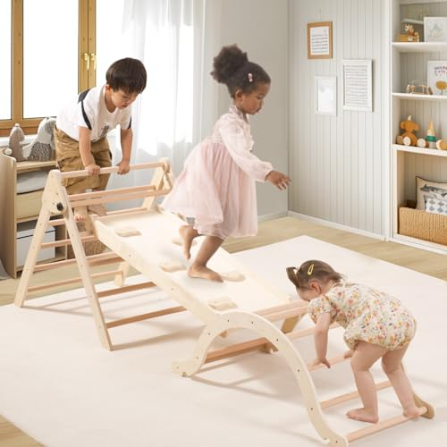 Giant bean 5-in-1 Montessori Kletterdreieck mit Kletterbogen und Rutsche, Holzdreieck für Kleinkinder ab 2-5, Indoor Kletterspielzeug, Hellbraunmit, M