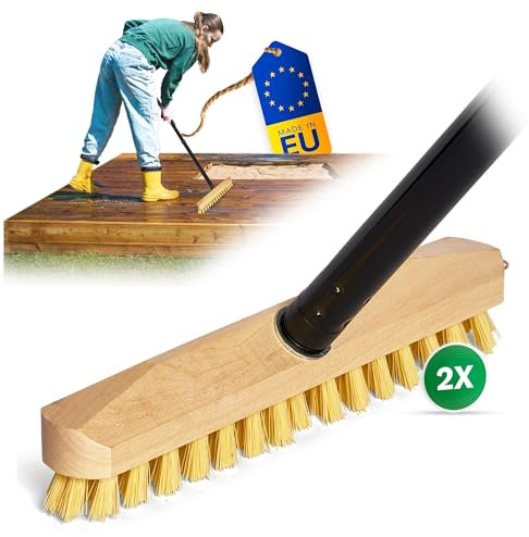 Novaliv 2X Wischer aus Holz mit Kunststoff-Borsten mit Gewinde und Steckstiel vierteilig - PPN Boden-Bürste Ideal für Reinigung von Balkon Terrasse Garten Innen- Außenbereich
