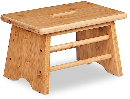 Relaxdays Fotpall bambu, upp till 100 kg, stabil stegpall, HBT: 20 x 33 x 21,5 cm, barnpall badrum, handtag, pall, natur