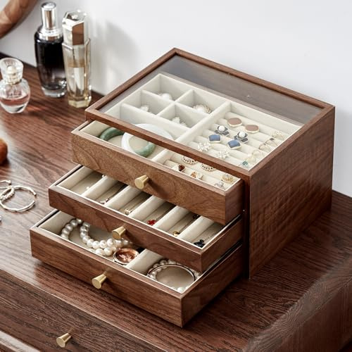 Homruilink Black Walnut Wooden Women Jewellery Box with Glass Lid, 3 Layer | Wood Drawer Jewellery Organiser, Velvet-Lined, For Necklaces, Watch, Ring, Earring, Ideal Gift for Her