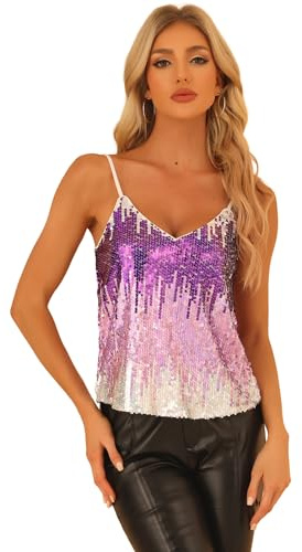 Allegra K Damer paljetttopp glitter topp spaghetti party klubb camisole metallisk festival skjorta topp, Vit rosa lila, S