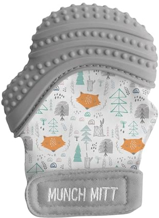 Malarkey Kids Patented Teething Mitten, Munch Mitt Baby Chew Toy - Protects Hands from Chewing & Saliva, Heals Aching Gums, Promotes Sound & Visual Stimulation for Babies - Grey Fox