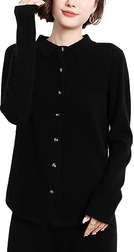 DISSA Women Cashmere Cardigan Black Lapel Sweater Long Sleeve Relaxed Cashmere Wool Thin Cardigan Button Ladies Sweater,14,DF8014