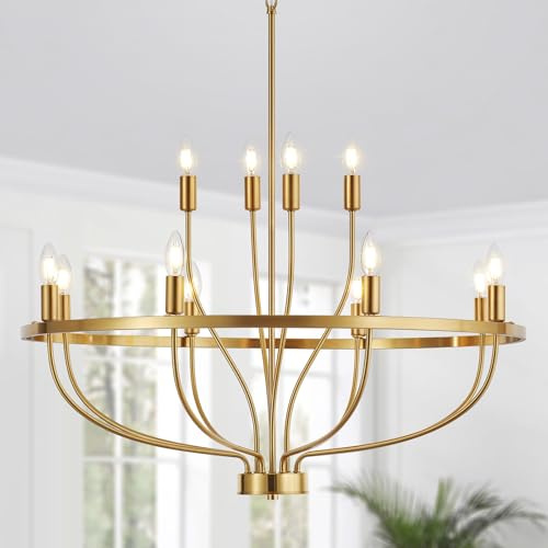 Widluth 33.5 Modern Gold Chandelier Light Fixture Vintage Mid Century Modern 12-Lights Candle Style Chandeliers Retro Golden Chandelier for Dining Room, Kitchen Island, Living Room, E12