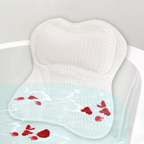 Bath Pillow for Head and Neck, Ergonomic 4D Air Mesh Bath Cushion, Luxury Waterproof Bath Neck Pillow with 6 Powerful Suction Cups, Bath Headrest for Baths (White)