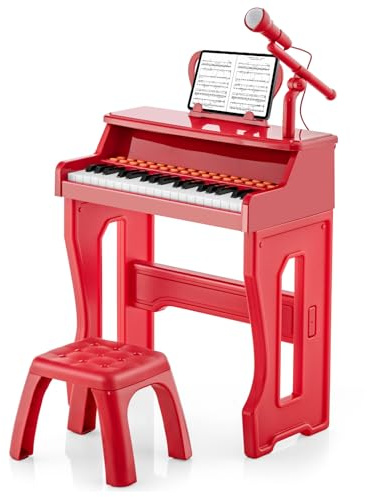 DREAMADE Piano Enfant à 37 Touches avec Tabouret, Clavier électronique pour 3+ Ans avec 22 Démos, 8 Sons & 8 Rythmes, Piano Jouet avec Microphone Réglable & Pupitre Amovible (Rouge)