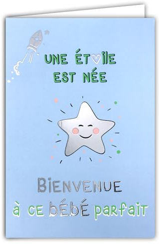 69-9041 Carte FÉLICITATIONS aux Parents Naissance ou Adoption Garçon/Fille Bienvenue à ce BÉBÉ Parfait Étoile Fusée Argentée Brillante +Enveloppe 12x17,5cm - Création Impression Fabrication Française