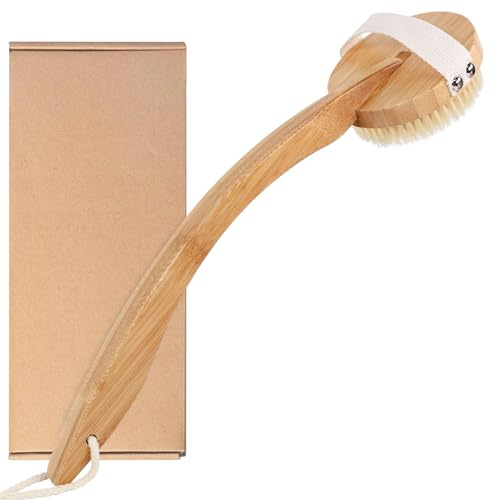 OWIIZI Dry Brushing Body Brush for Back, Detachable Round Head Bristle Large Area Body Brushes for Lymphatic Drainage, Bamboo Curved Long Handle Skin Exfoliator for Men Women Elders Dry Use