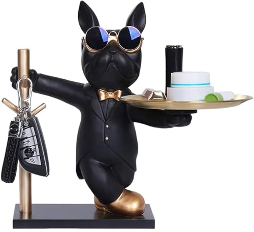 Baverta Bulldog Sculpture Decoration, Bulldog Storage Sculpture with Tray, French Bulldog Decorative Figure Ornaments for Living Room, Table Decoration, Home Decor Gifts