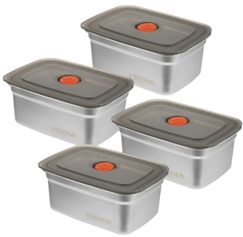 Wensdr 4 Packungen Meal Prep Container mit Deckel, 18 x 13 x 8 cm, Edelstahl, auslaufsichere Behälter mit Deckel, Pizza, Brot, Gärbox, 1500 ml