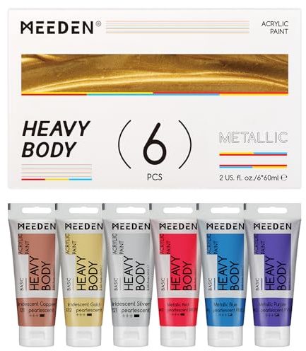 MEEDEN Lot de 6 peintures acryliques métallisées 60 ml Or, argent, cuivre Poudre de mica Toile et bois Peinture acrylique intense