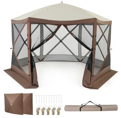 GOPLUS Trädgårdspaviljong, 3,5 x 3,5 m pop-up paviljong vattentät stabil, festtält med 6 sidor, 2 avtagbara sidodelar och bärväska, vikbar paviljong, trädgårdstält för 6–8 personer