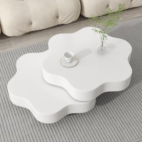 Lexiou Mesa de centro con forma de flor, parte superior giratoria 360°, mesa de salón giratoria, mesa de sofá de doble capa, 2 estantes, 74,8 x 67,5 x 31 cm