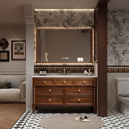 DUANHOZ Tocador de baño Moderno con Espejo antivaho Inteligente, Lavabo Individual de Suelo, Marco de Madera Maciza y Amplio Espacio de Almacenamiento - 100 cm. Una Elegante Reno