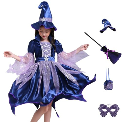 Girls Halloween Witch Costume 5-Piece Set Medieval Dress for Cosplay Party Elegant Stage Performance Gothic Storybook Outfit for Kids Masquerade Tutu Dress with Hat, Broom, Bag & Mask Navy