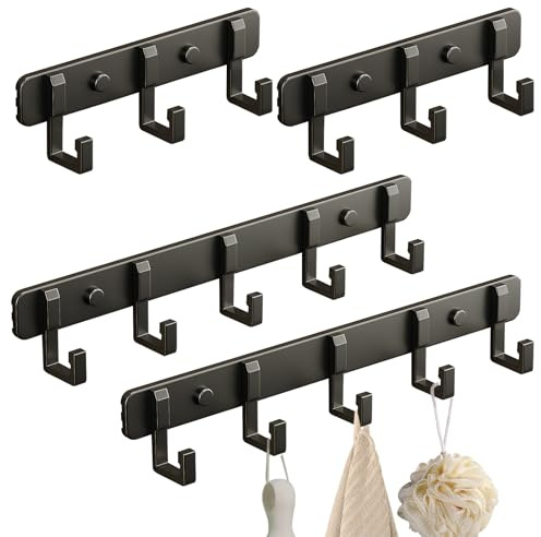 HEUIOP 4 Pack Coat Rack Wall Mounted, 2 Sizes Wall Mounted Coat Rack for Jackets with 3/5 Hooks, Multi-Purpose Rustproof Wall Hanger for Bedroom, Bathroom, Kitchen (Matte Black)