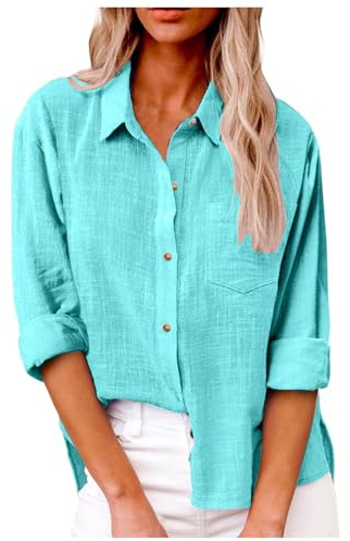 Chemise Femme Lin et Coton - Col en V Bouton Chemisier Manche Longue Blouse Chic Et Élégant Haut Grande Taille Top Printemps Oversized Casual Couleur Unie Tunique