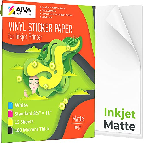 Printable Vinyl Sticker Paper for Inkjet Printer - Matte White - 15 Self-Adhesive Sheets - Waterproof Decal Paper - Standard Letter Size 8.5x11
