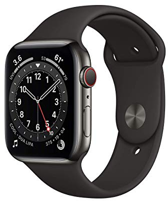 Apple Watch Series 6 (GPS + Cellular, 44MM) Space Black Stainless Steel Case with Black Sport Band (Renewed)